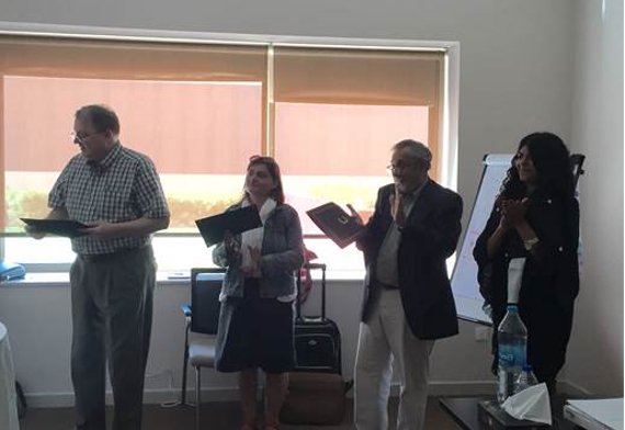 (l–r) MENA Workshop leaders Denis Sullivan, Sandrine Gamblin, Fateh Azzam, and Noora Lori (Photo: Nehal Amer)