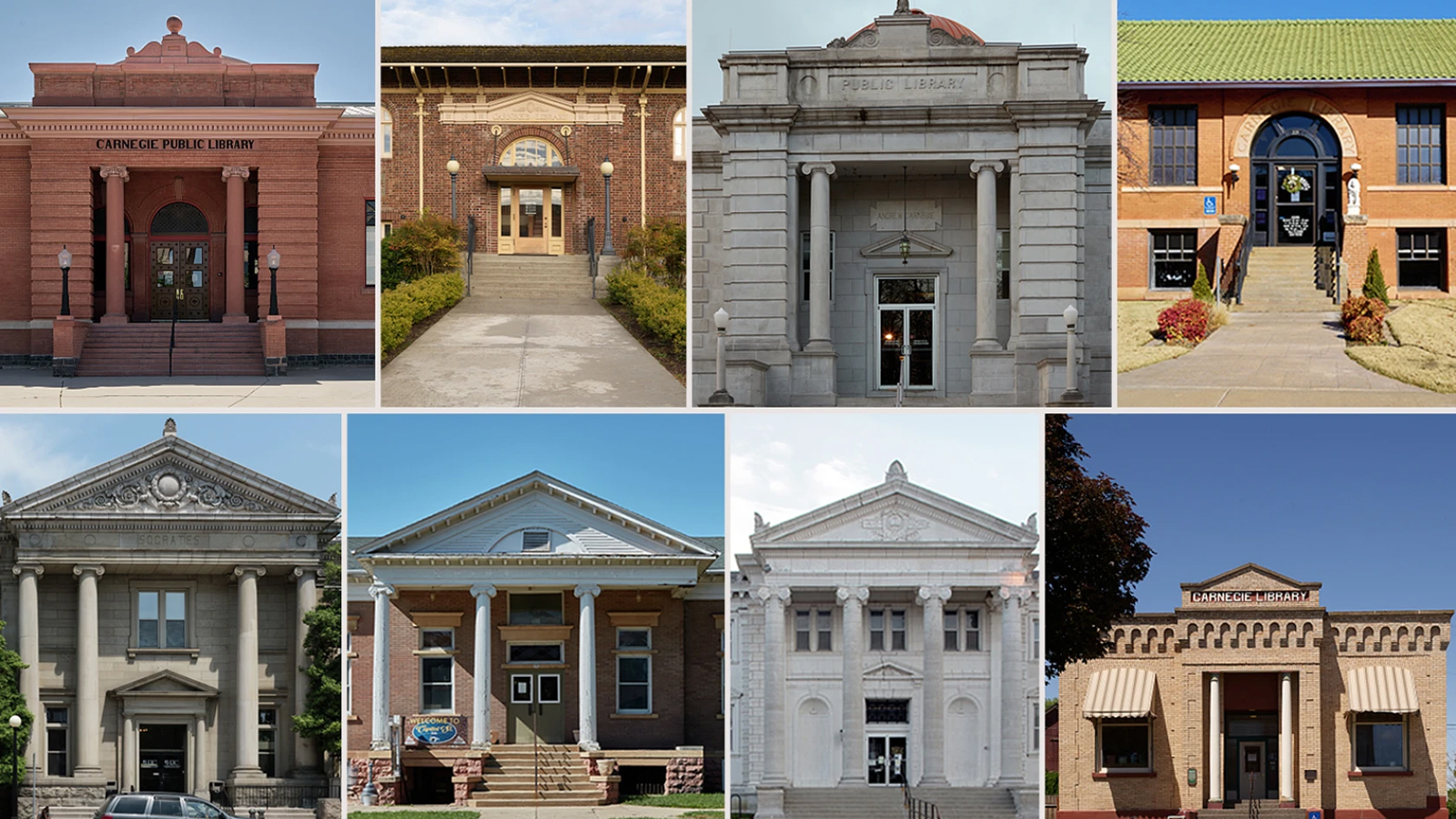 Top row, from left: the Carnegie Center in Phoenix, Ariz.; the 1918 Carnegie Library in Port Angeles, Wash.; the 1902 public library in Carthage, Mo.; and the Carnegie Library in Elk City, Okla. Bottom row, from left: the old Carnegie Library building in Huntington, W.V.; the 1903 Carnegie library in Yankton, S.D.; the 1900 Sedalia Public Library building in Sedalia, Mo.; and the 1907 Carnegie Library in Ritzville, Wash., which still serves as the town’s library. (Illustration by the Chronicle; Library of Congress)