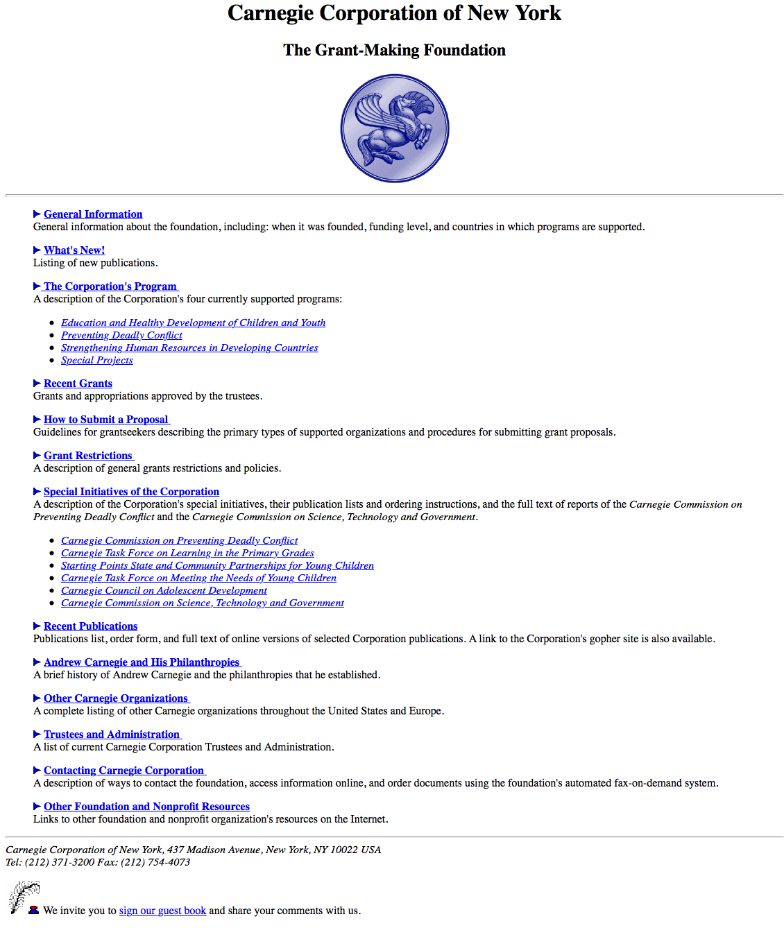The Corporation’s website as it appeared, barely one year old, in early 1996.