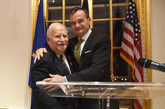 Gérard Araud, French ambassador to the United States, embraces Vartan Gregorian, president of Carnegie Corporation of New York. On February 9, Gregorian was honored at the Cultural Services of the French Embassy in New York City. (Photo: Jennifer Altman)
