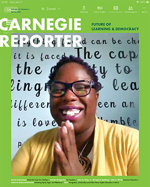 Meet Ramie Johnson, who appears on the cover of the Spring 2021 Carnegie Reporter dedicated to the future of learning and democracy. And download the entire issue. #WeHaveIdeas 