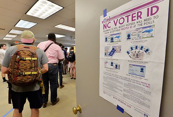 North Carolina State University students wait in line to vote in the primaries on March 15, 2016—the state's first use of the voter ID law, which excluded student ID cards. (Photo: Sara D. Davis/Getty Images News)