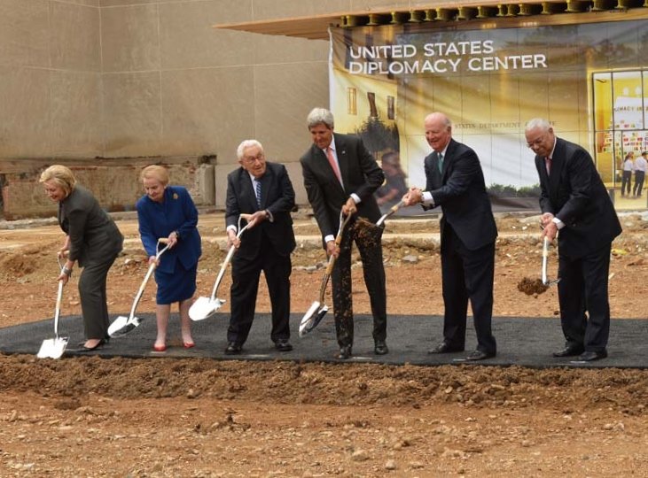 Five former Secretaries of State joined Secretary of State John F. Kerry to break ground on the new U.S. Diplomacy Center Pavilion on September 3, 2014. Courtesy Department of State