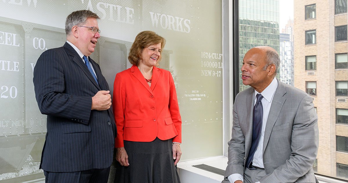 Immigration experts (l–r) Andrew Selee, Julia Preston, and Jeh Johnson recently came together to discuss the situation at the U.S. southern border, exploring the “underlying push factors” that are the main drivers of the crisis. (Photo: Filip Wolak)