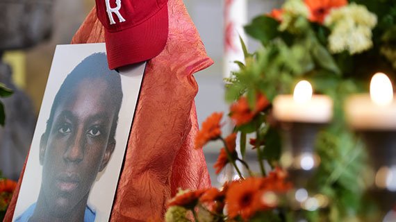 A portrait of 17-year-old Islamic State (IS) fighter Florent Prince N. at his memorial service in May 2016, at St. Pauli Church in Hamburg, Germany. The Cameroon native grew up as a Christian and died with IS in Syria.