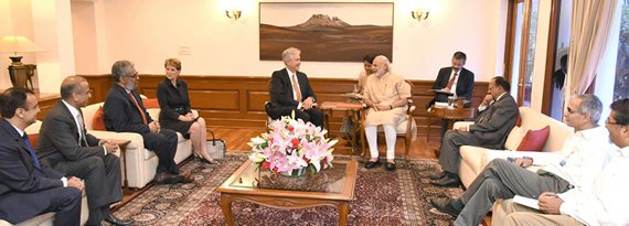 Indian Prime Minister Narendra Modi with Carnegie Endowment for International Peace President William Burns and staff at the launch of Carnegie India