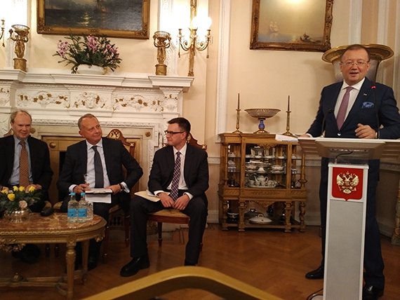 Left to right: Dr. Alexander Dynkin and Dr. Feodor Voitolovsky, Primakov Institute; Dr. Alexander Yakovenko Russian Ambassador to the United Kingdom