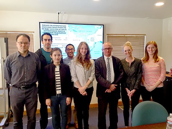 Students at the Middlebury Institute of International Studies at Monterey, including Sarah Bidgood (second from right), with visiting expert Pavel Gudev (third from right)
