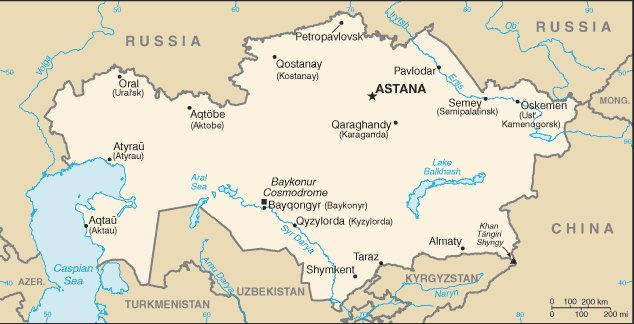 Map of Kazakhstan, courtesy CIA World Factbook