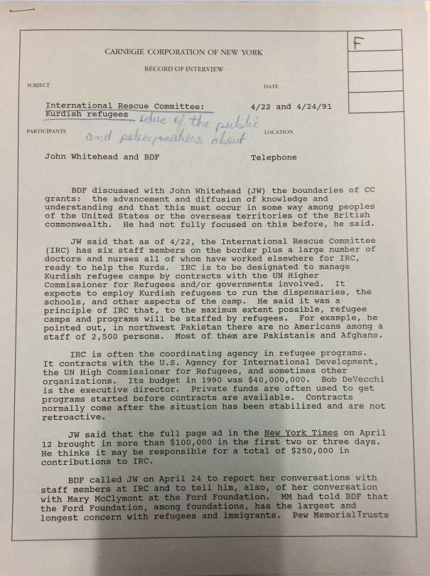 A memo from the Corporation’s executive vice-president concerning Kurdish refugees.
