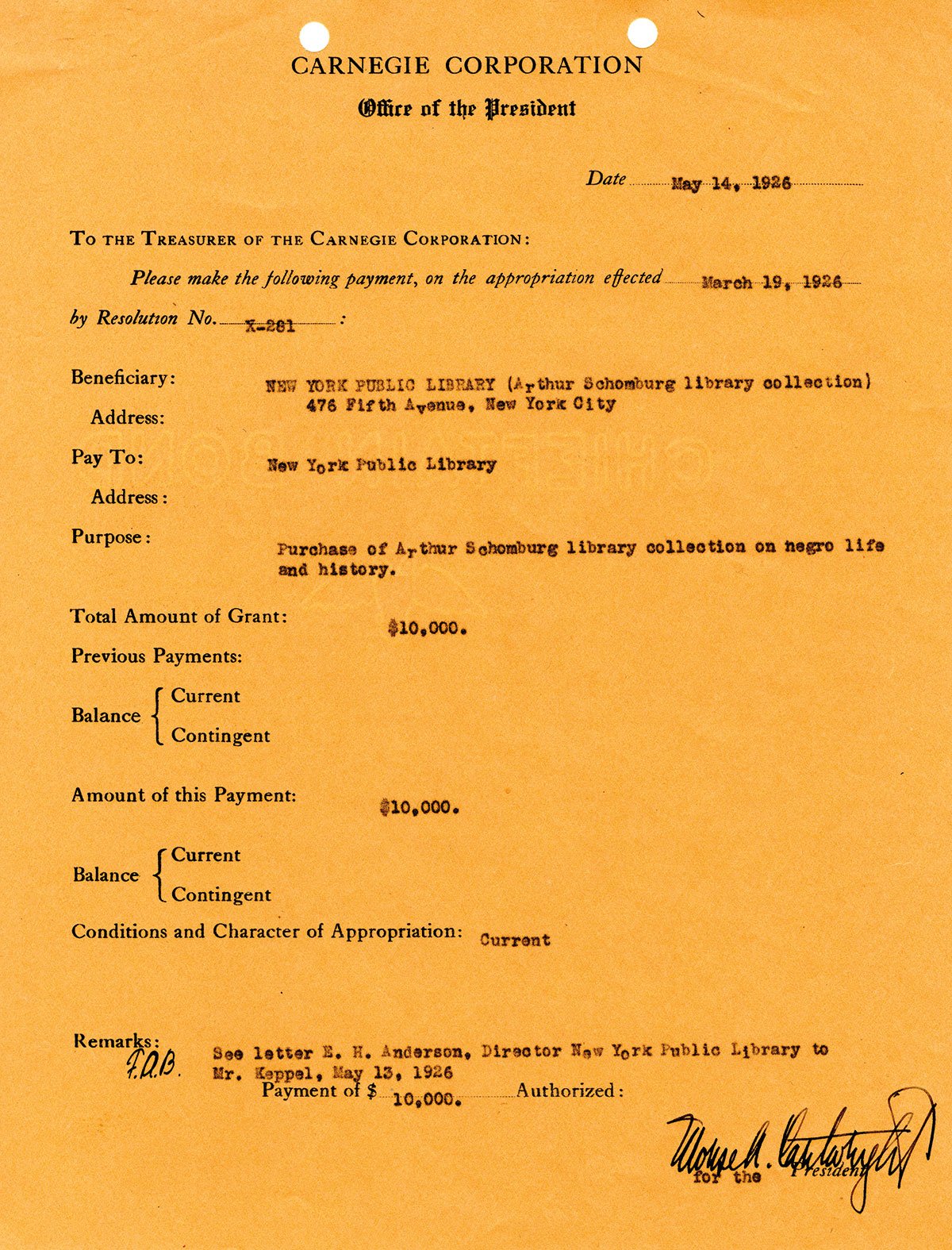 Dated May 14, 1926, the appropriation by Carnegie Corporation for the Schomburg library collection. (Carnegie Corporation of New York Records, Rare Book & Manuscript Library, Columbia University)