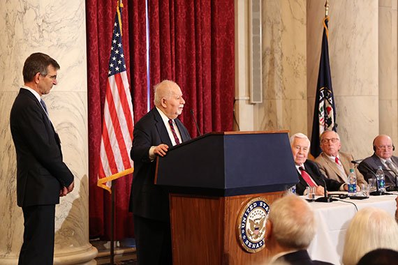 Vartan Gregorian (at podium), president of Carnegie Corporation of New York, and George Perkovich (left), vice president for studies, Carnegie Endowment for International Peace, introducing the Nunn-Lugar Award (Photo: Celeste Ford)