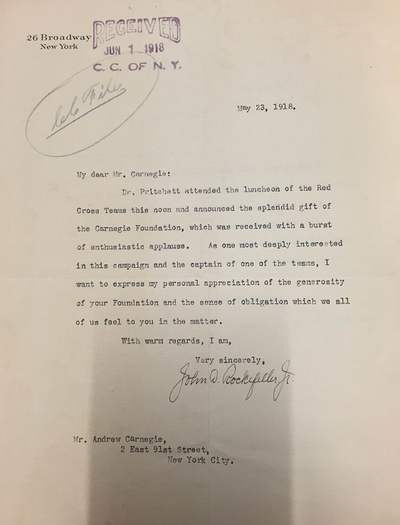 A letter from John D. Rockefeller Jr. to Andrew Carnegie at the end of World War One