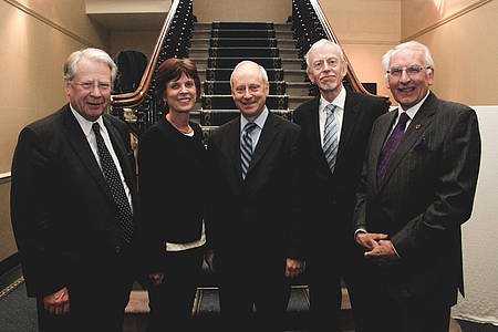 Pictured, from left: Sir David Edward; Louise Richardson; Michael Sandel; Andy Walker; Angus Hogg
