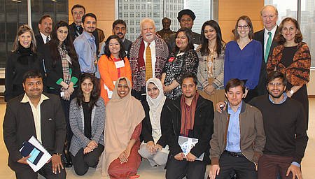 Vartan Gregorian (wearing his new gift shawl) with the Pakistani visitors and a few Corporation folks.
