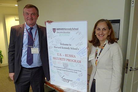 Deana Arsenian, Vice President, Carnegie Corporation, welcoming participants to the five-day exchange at the Wilson Center with Sergei Konoplyov, Director, Executive Education at Harvard Kennedy School.