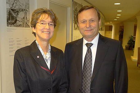 Air Force Brigadier General Jacqueline Van Ovost, Deputy Director for Politico-Military Affairs, Europe, NATO, Russia, poses with her Russian counterpart, Major General Valeriy Baranovskiy, Russian Defense Attaché to the United States.