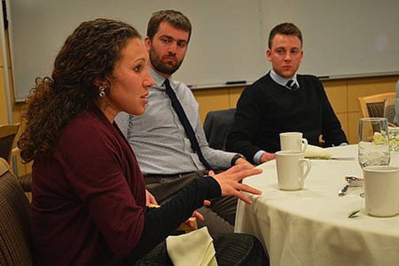 During a working session, EPIIC alumni discuss “US Policies: From Oil to Refugees.” Rachel Brandenburg with the US Institute of Peace (left), Gabriel Koehler-Derrick with US Military Academy, and Oleg Svett, a PhD candidate at Kings College, Lonon