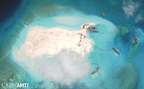 From the Asia Maritime Transparency Initiative’s “Island Tracker,” satellite imagery of land reclamation on Fiery Cross Reef, part of China’s largescale island-building in the South China Sea. (Photo: CSIS/AMTI DigitalGlobe)