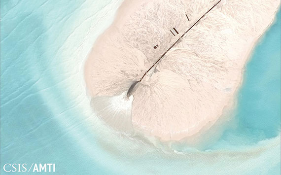 From the Asia Maritime Transparency Initiative’s “Island Tracker,” satellite imagery of land reclamation on Fiery Cross Reef, part of China’s largescale island-building in the South China Sea. (Photo: CSIS/AMTI DigitalGlobe)