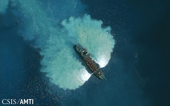 From the Asia Maritime Transparency Initiative’s “Island Tracker,” satellite imagery of land reclamation on Fiery Cross Reef, part of China’s largescale island-building in the South China Sea. (Photo: CSIS/AMTI DigitalGlobe)