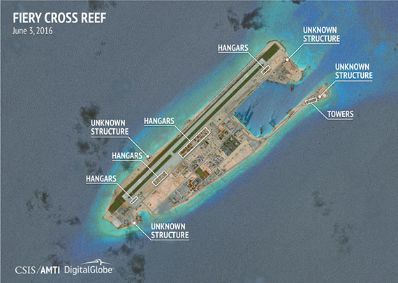 According to AMTI’s website: “Each of the three islets [Fiery Cross, Subi, and Mischief reefs] will soon have hangar space for 24 fighter-jets plus 3–4 larger planes.” (Photo: CSIS/AMTI DigitalGlobe)