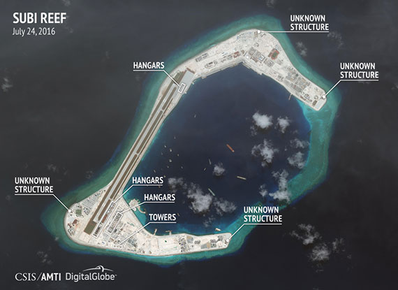 According to AMTI’s website: “Each of the three islets [Fiery Cross, Subi, and Mischief reefs] will soon have hangar space for 24 fighter-jets plus 3–4 larger planes.” (Photo: CSIS/AMTI DigitalGlobe)