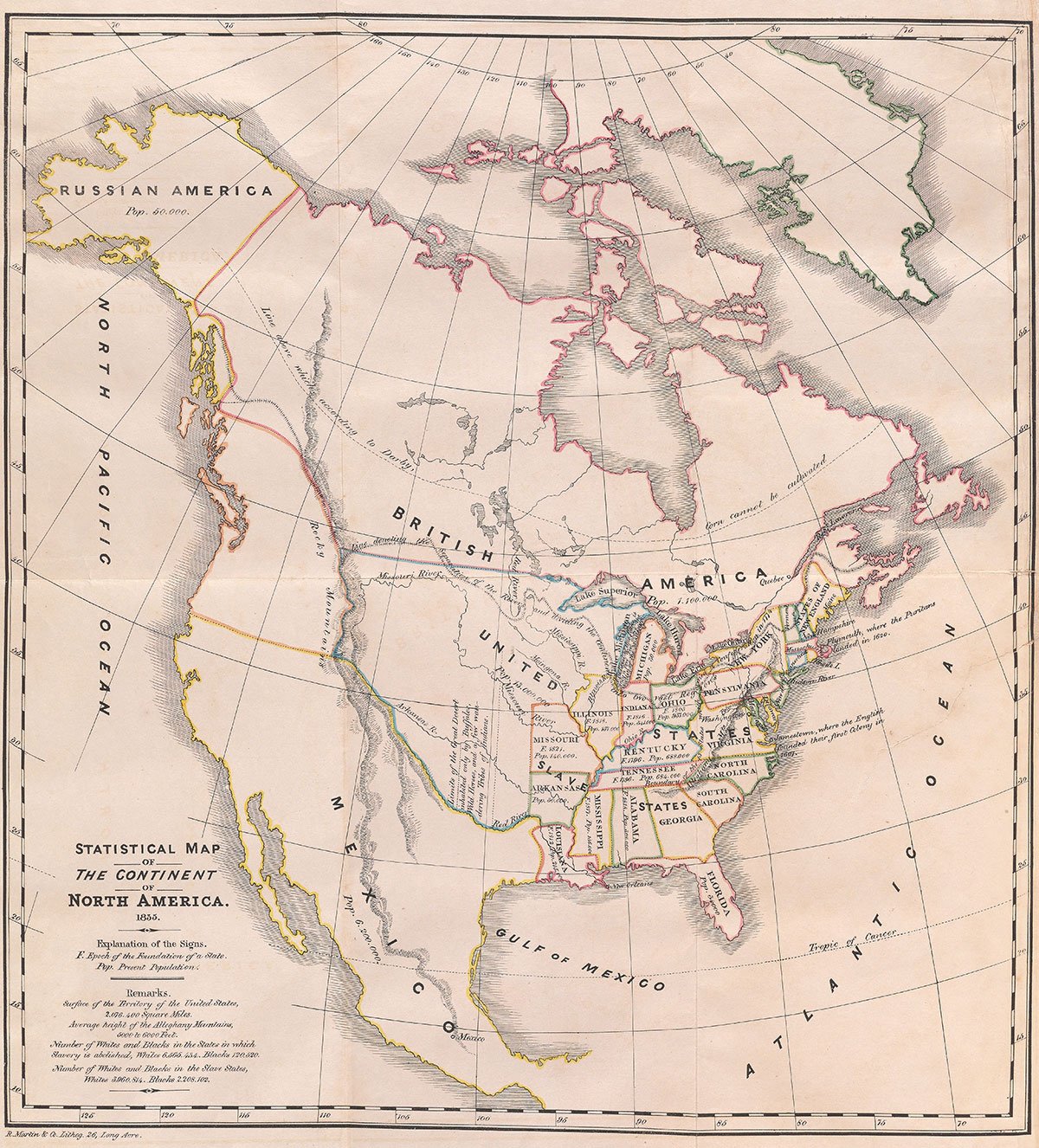This hand-colored map was featured in the first English edition of Alexis de Tocqueville’s “Democracy in America,” published in London, 1835–40. (Photo: Beinecke Rare Book and Manuscript Library, Yale University, New Haven, Connecticut)