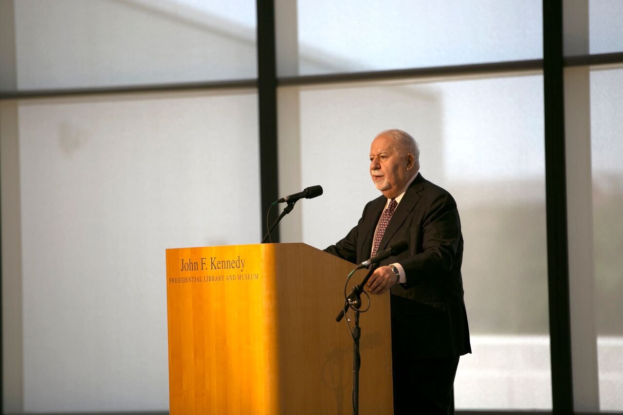 At the JFK Library in Boston, Vartan Gregorian addresses new citizens, friends, and family at a naturalization ceremony. (Photo: Celeste Ford)
