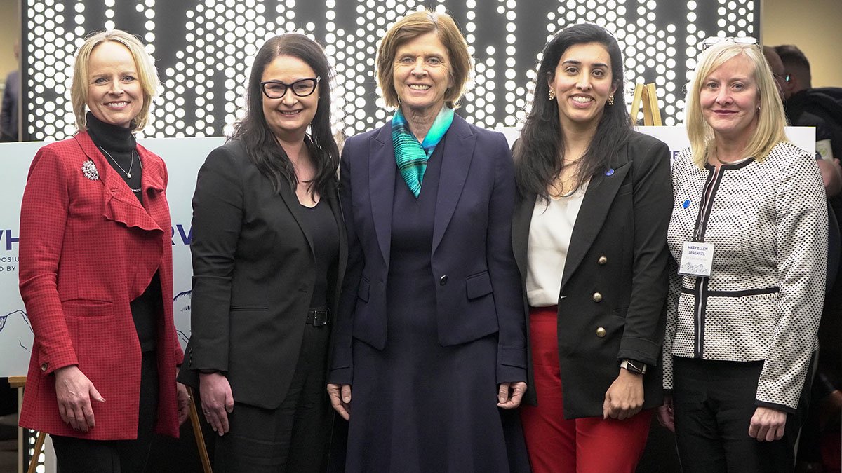 From the “Why We Serve” symposium, a panel titled “National & Volunteer Service: Golden Thread of American Democracy” featured (l–r) Jennifer Sirangelo, President and CEO, Points of Light; Kaira Esgate, CEO, America’s Service Commissions (moderator); Dame Louise Richardson, President, Carnegie Corporation of New York; Sonali Nijhawan, Director, AmeriCorps; and Mary Ellen Sprenkel, President and CEO, The Corps Network.