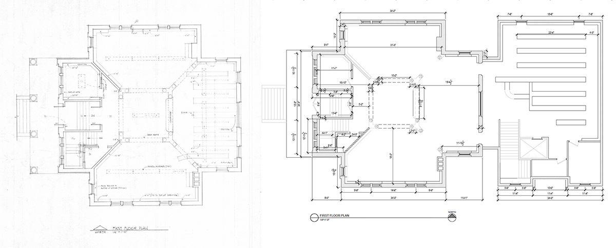 A floor plan of the library’s original main level