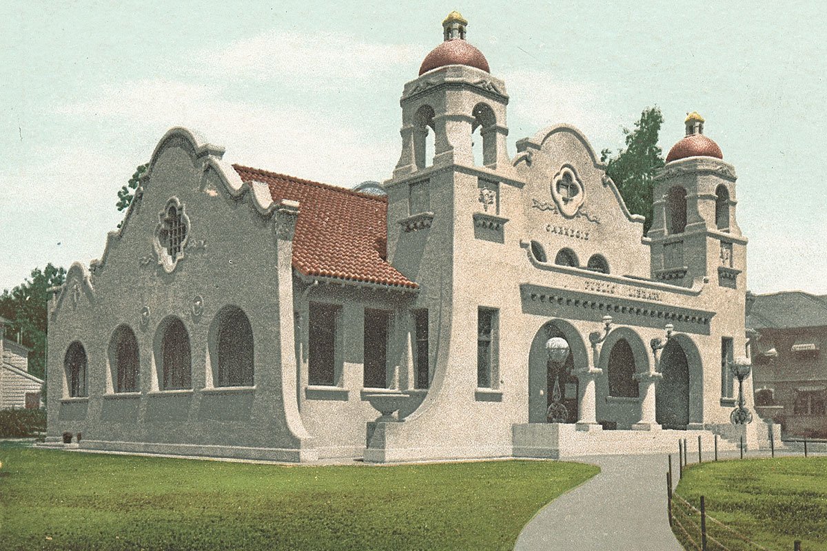 An exterior view of the Carnegie Public Library in Riverside, California (Detroit: Detroit Publishing Company, 1903–4)