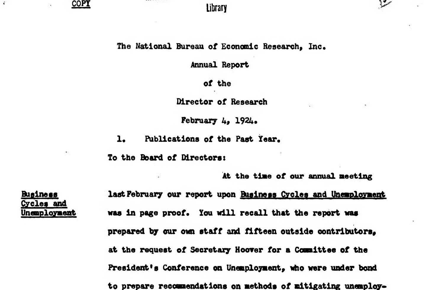 Selection of a report from the National Bureau of Economic Research, published in 1924.