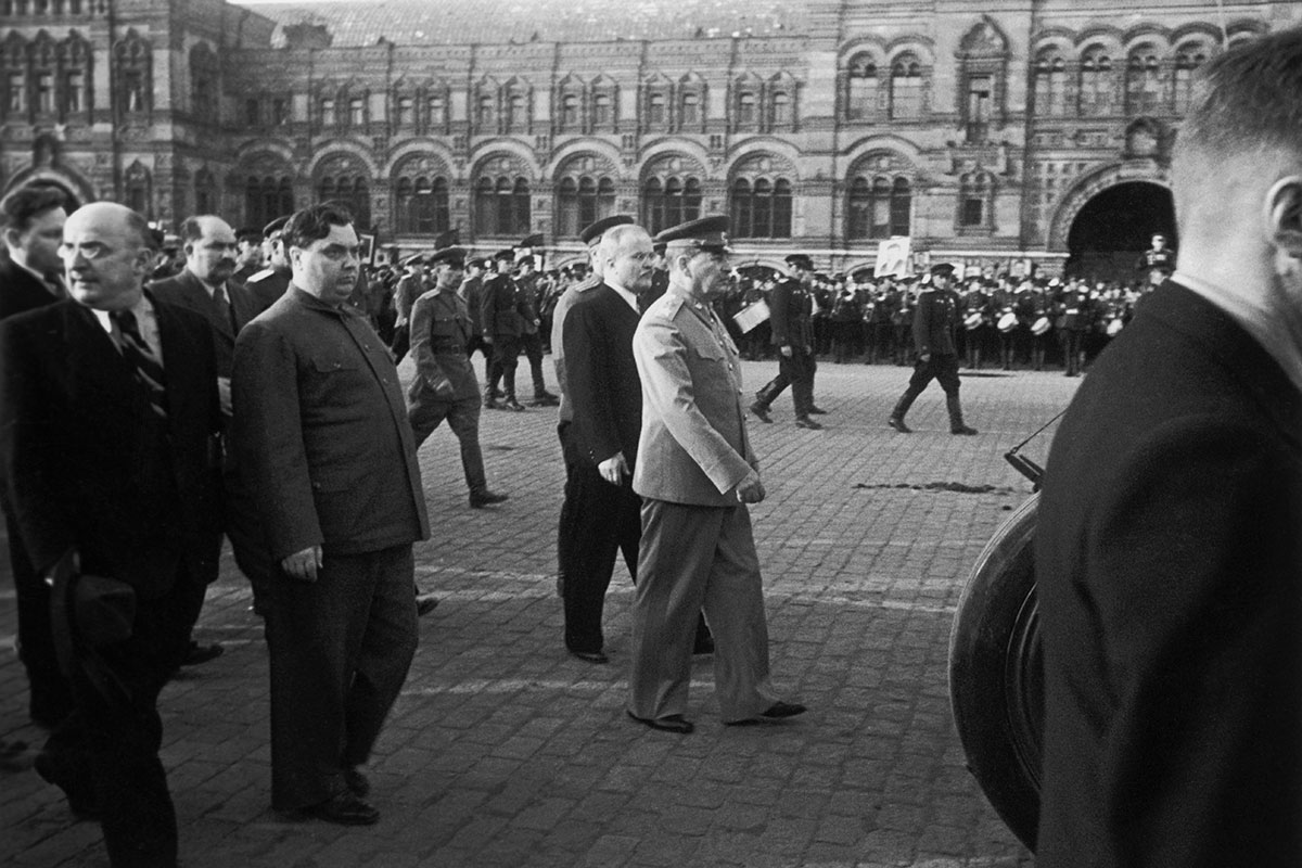 Soviet leaders (left to right) Lavrentiy Beria, Georgi Malenkov, Vyacheslav Molotov, and Joseph Stalin cross Red Square after taking Mikhail Kalinin's coffin to the Kremlin wall. (Serge Plantureux/Corbis via Getty Images)