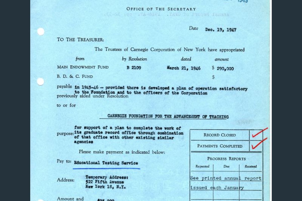 A transmittal sheet authorizing the grant to the Educational Testing Service in 1947. (Carnegie Archive at Columbia University)