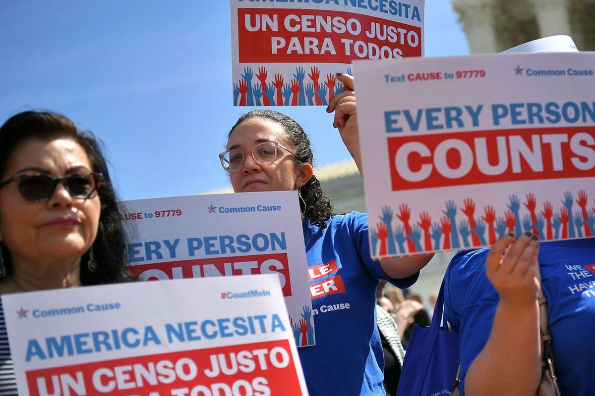 Demonstrators rally at the U.S. Supreme Court in Washington, D.C., on April 23, 2019, to protest a proposal to add a citizenship question in the 2020 Census. (Mandel Ngan/ AFP via Getty Images)