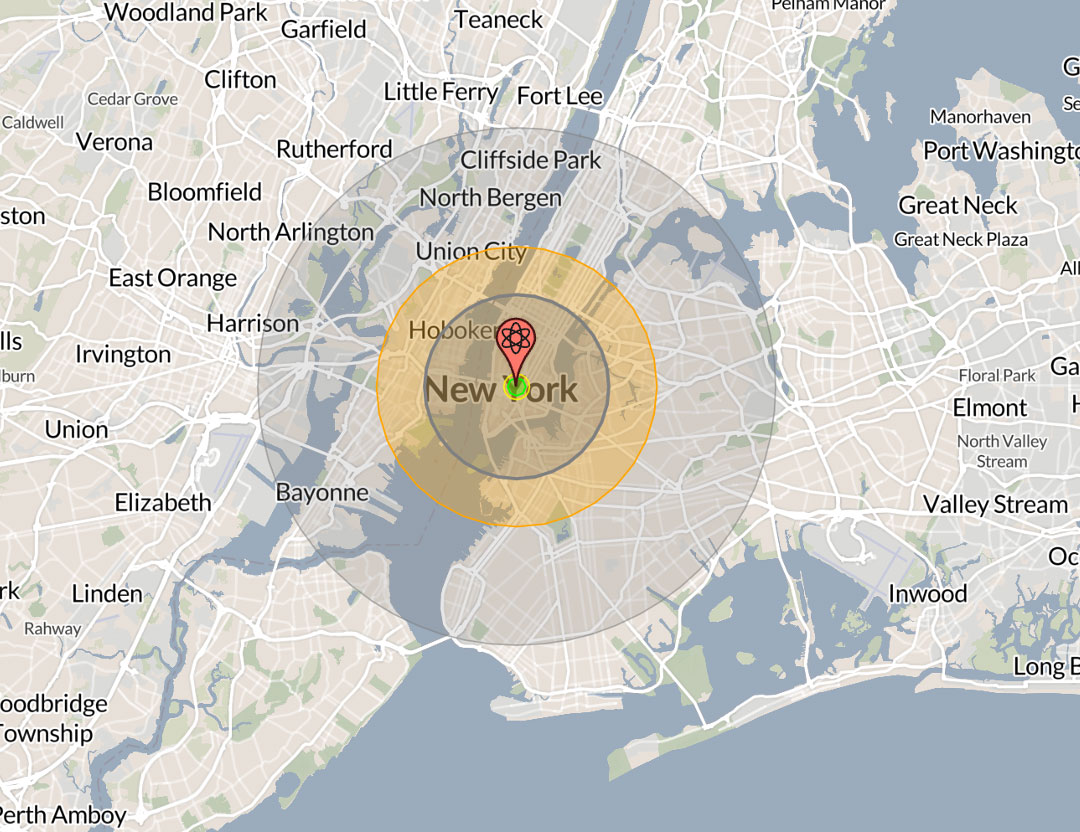 A map with New York City in the center with a nuclear symbol and a radius to the surrounding area