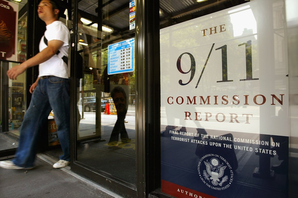 A bookstore display in New York City for The 9/11 Commission Report on July 22, 2004, when it was made available to the public. The 10-member bipartisan panel was established by Congress to investigate the events surrounding the September 11, 2001, attacks. (Spencer Platt/Getty Images)
