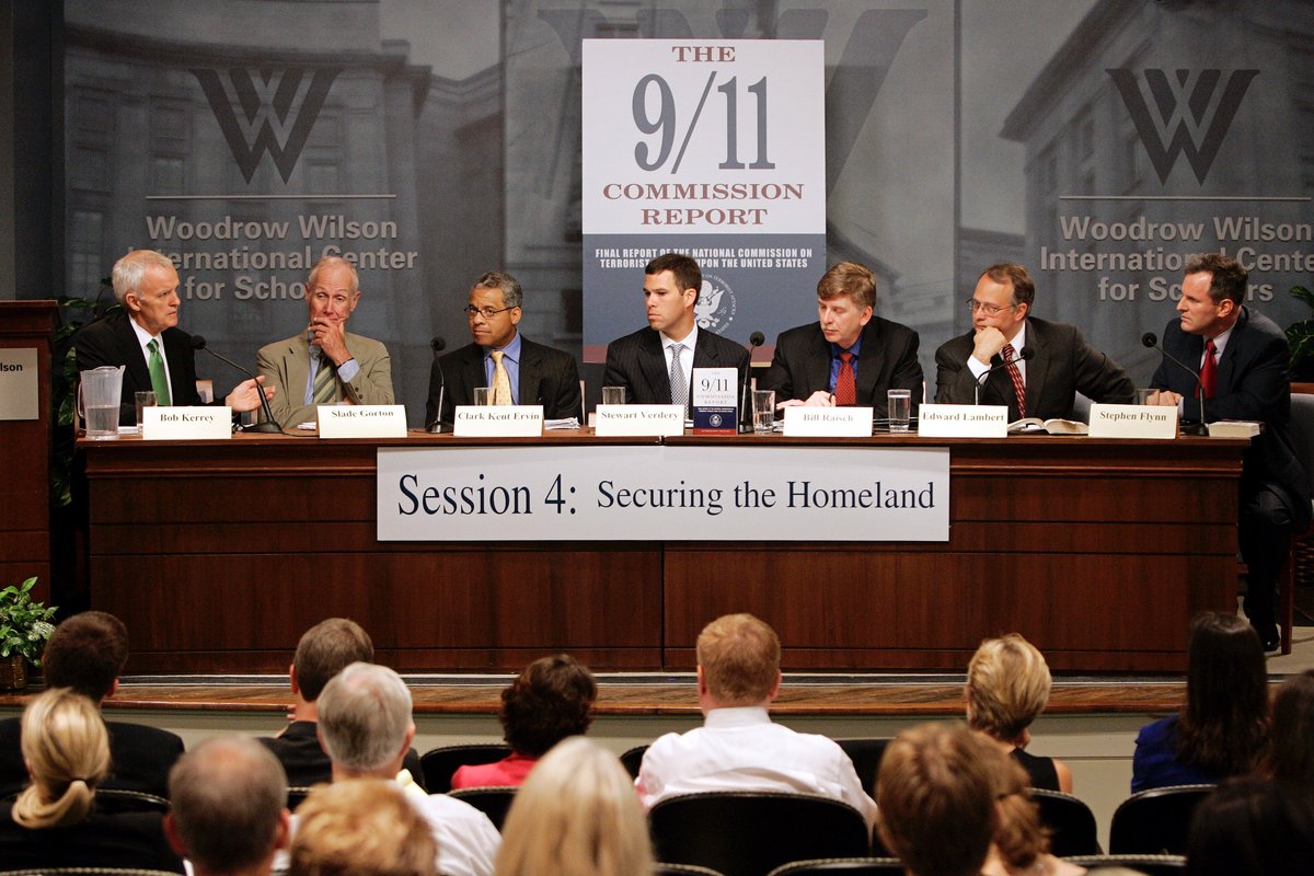 Members of the 9/11 Public Discourse Project hold an event on June 28, 2005, to discuss homeland security and how far the U.S. has come in improving border security, transportation security, and emergency preparedness since the September 11, 2001, terrorist attacks. (Brendan Smialowski/Getty Images)
