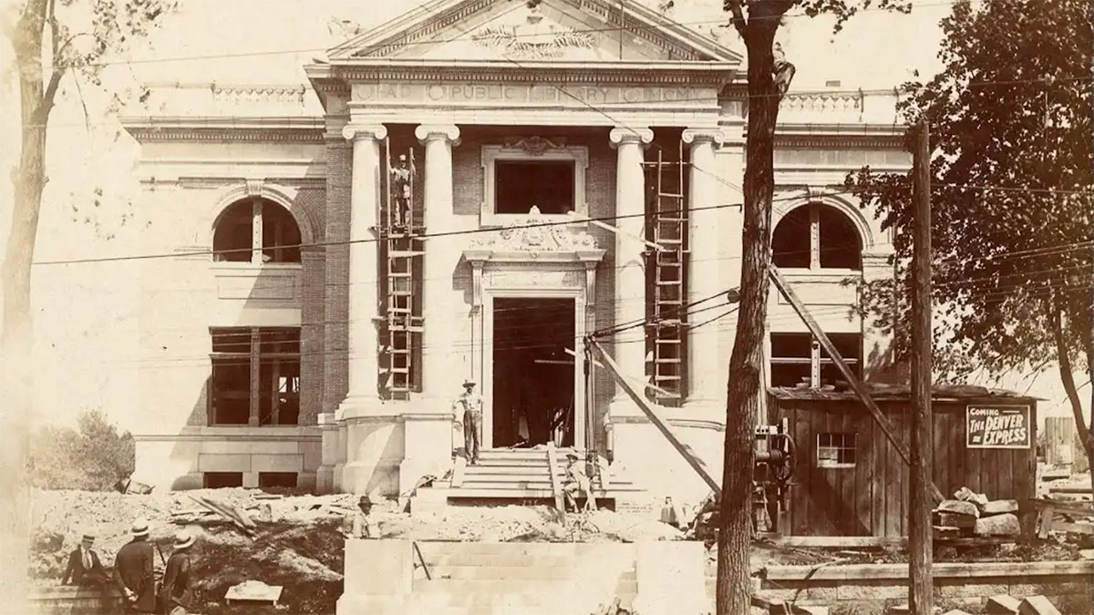 A historic Carnegie library while still under construction