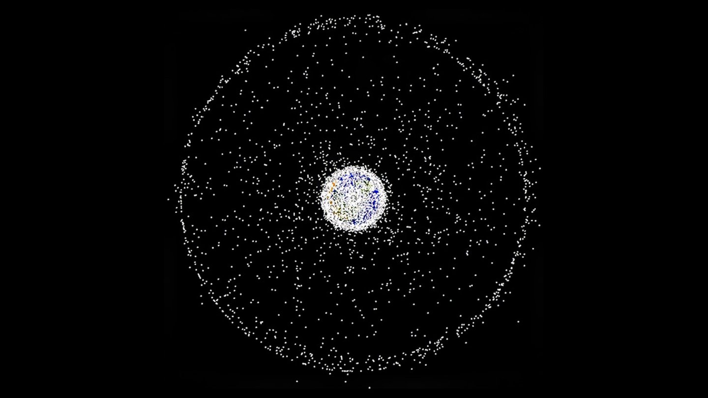 A diagram of Earth and all of the satellites and debris orbiting around it
