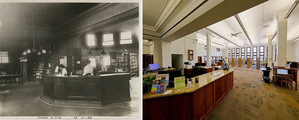 A library's front desk in 1913 beside the library's front desk today
