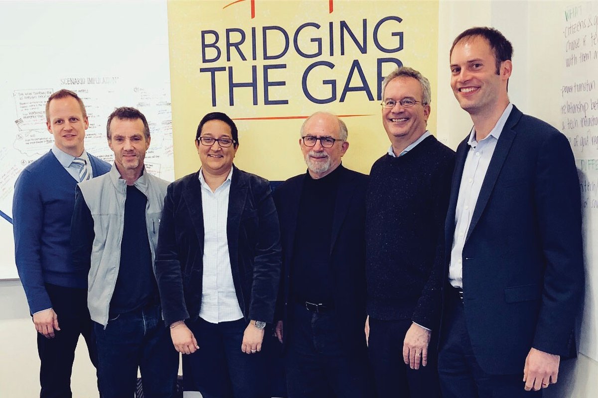 In March 2018, scholars gather at the Bridging the Gap New Era Workshop held at American University’s School of International Service in Washington, D.C. From left to right, Brent Durbin, Steve Weber, Naaz Barma, Bruce Jentleson, Jim Goldgeier, and Jordan Tama. (Leila Mahnad Adler. Courtesy Naazneen Barma)