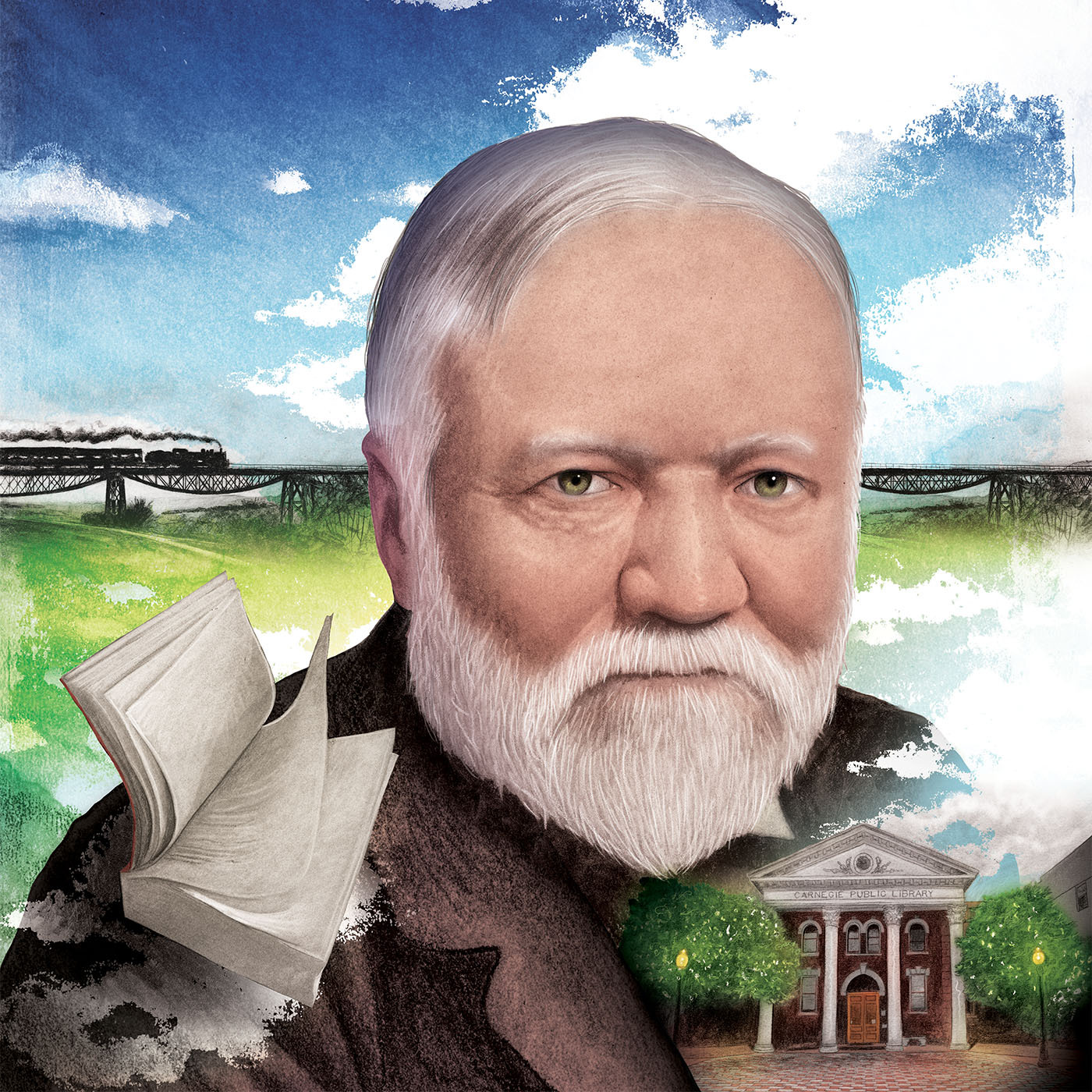 An illustration of Andrew Carnegie's face, with clouds, a book, and a library in the background