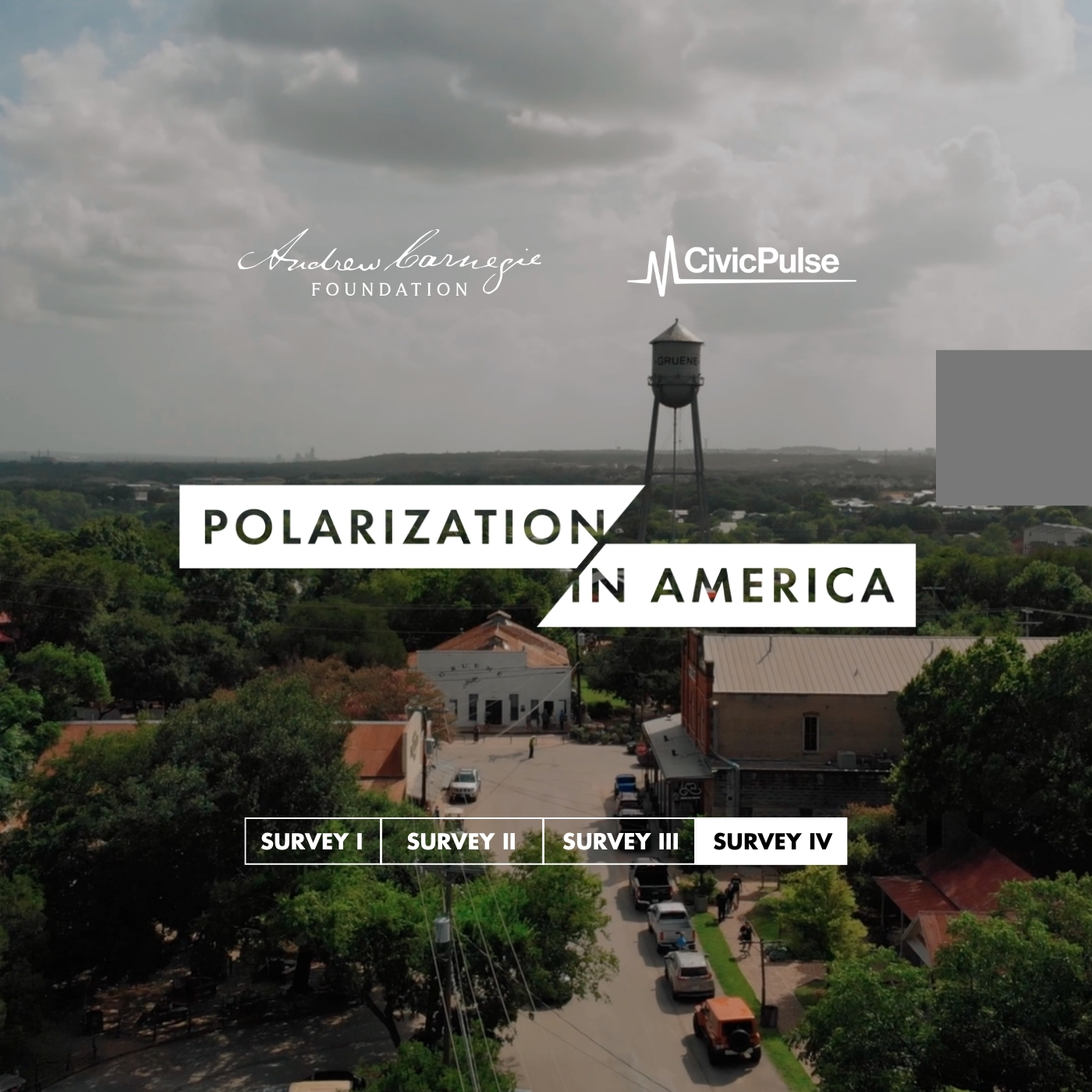 White text reading "Polarization in America" over a rural town with trees